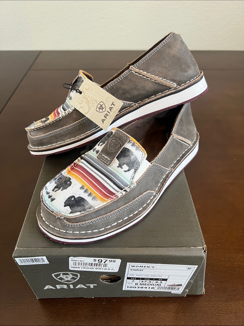 Ariat “Cruiser” Slip-On Shoes.  Buffalo w/ Multi-Color Southwestern Stripe